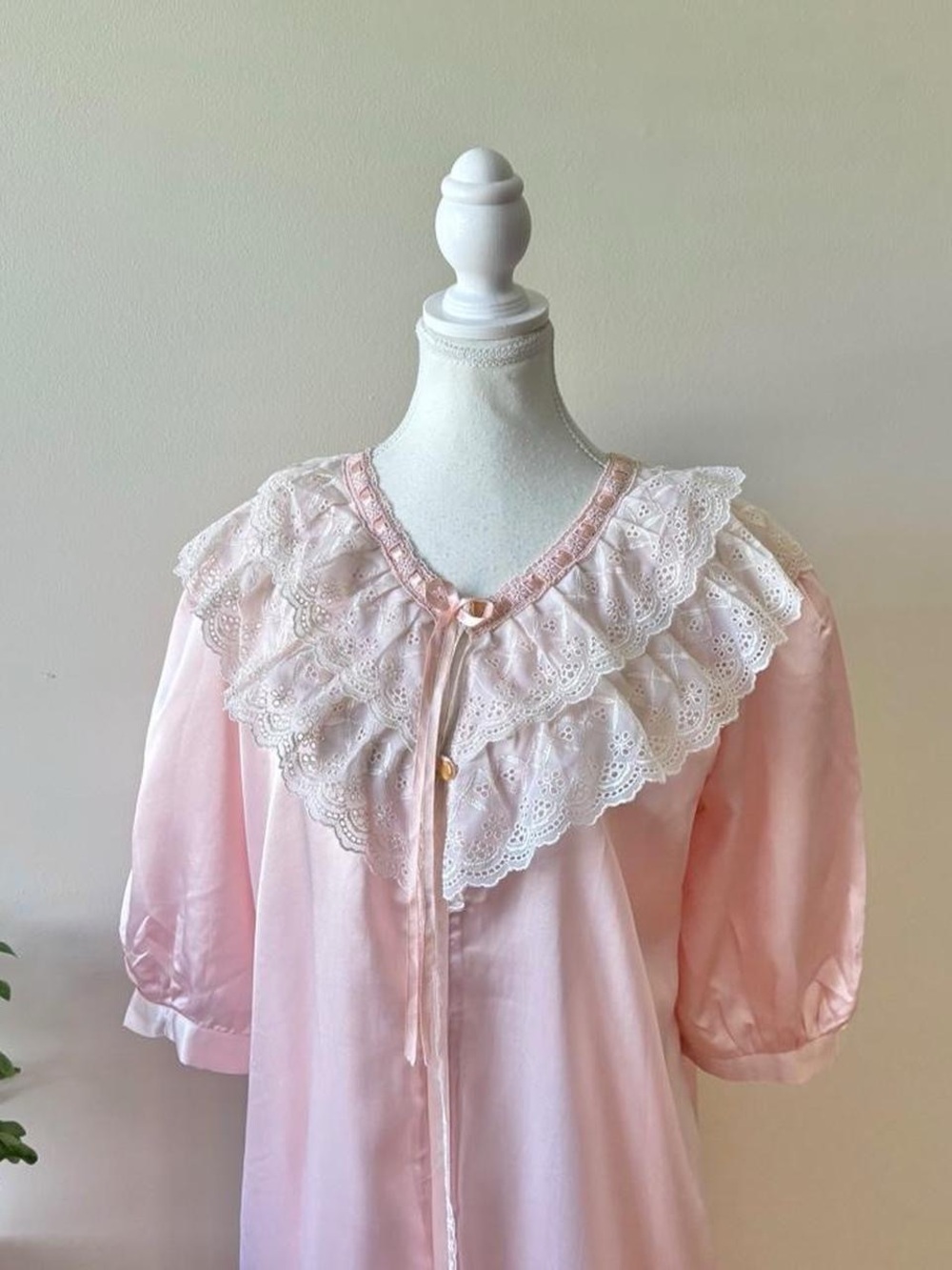 Vintage Pink Satin Nightgown with Lace Collar